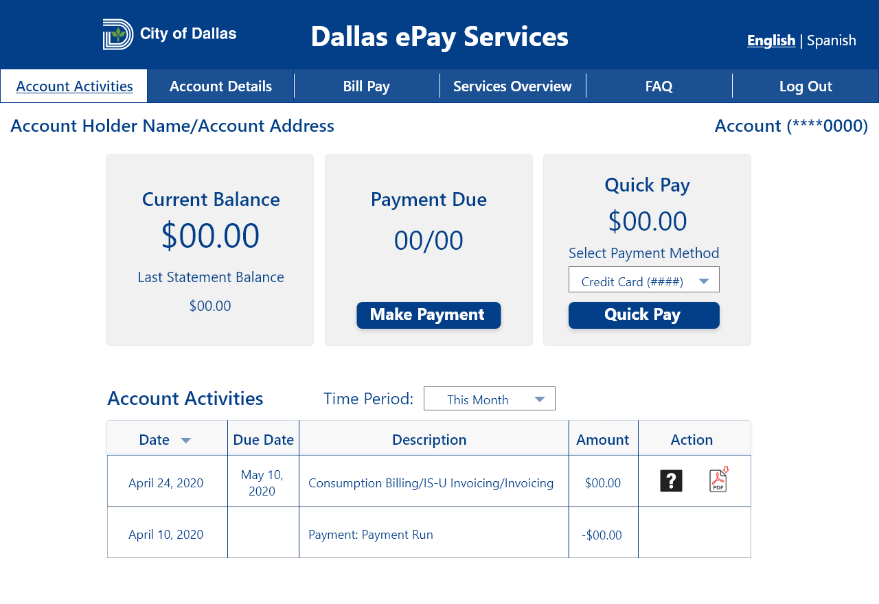 Redesigned City of Dallas ePay dashboard
