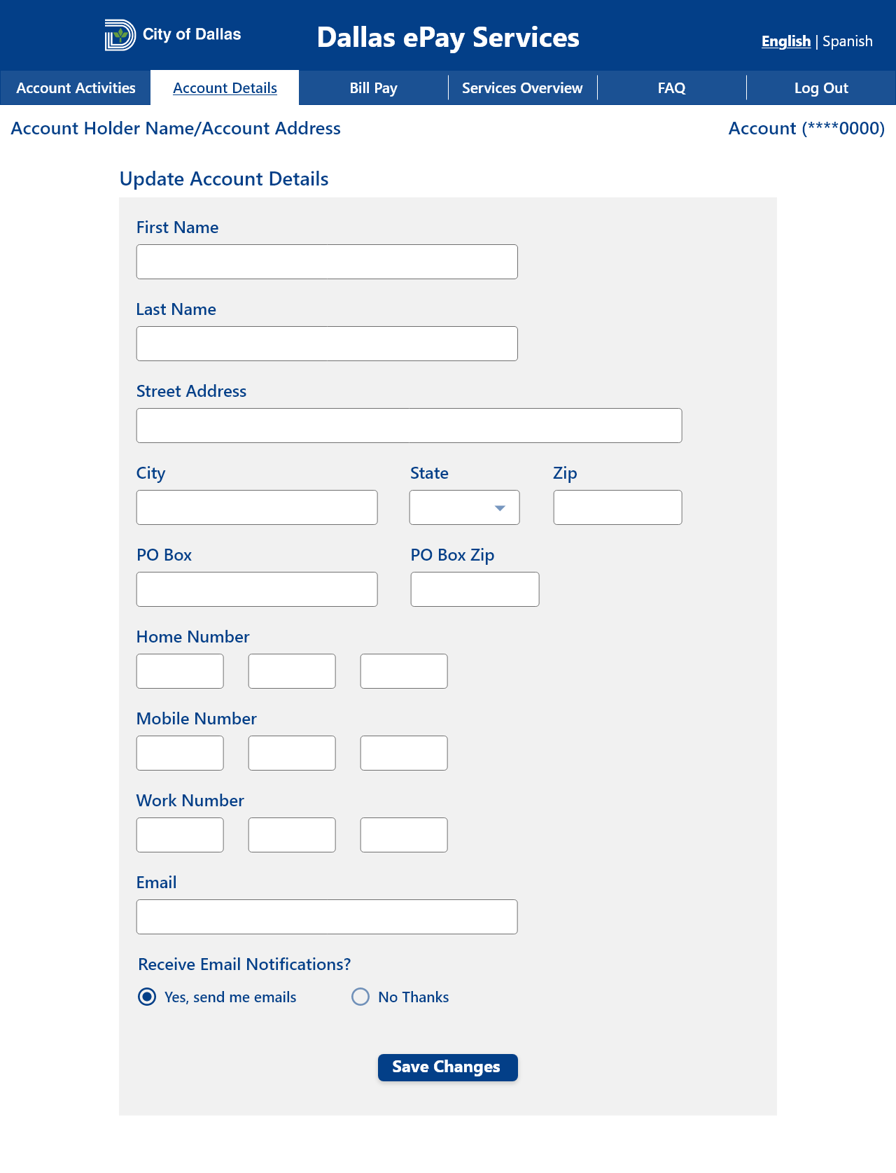 Redesigned Update Account Details form with grouped name, address, phone, and notification fields