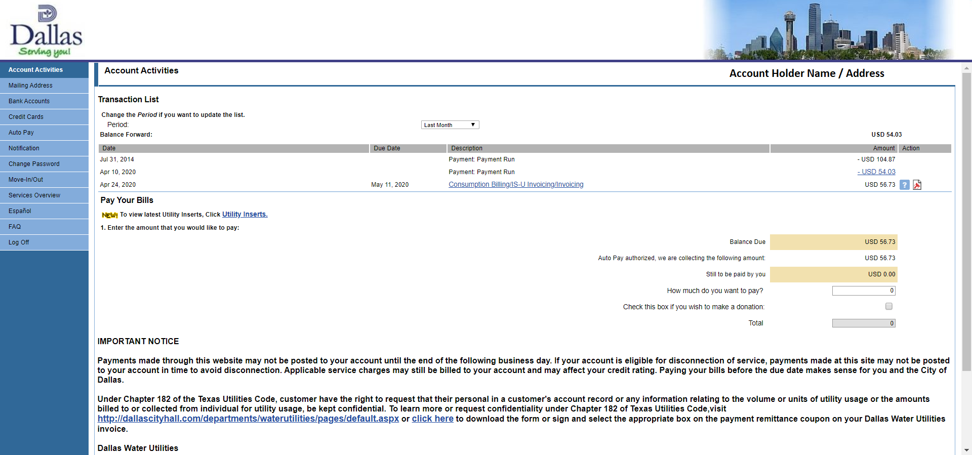Original account activities page