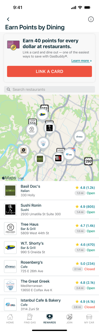 GasBuddy dining list with ratings and distance