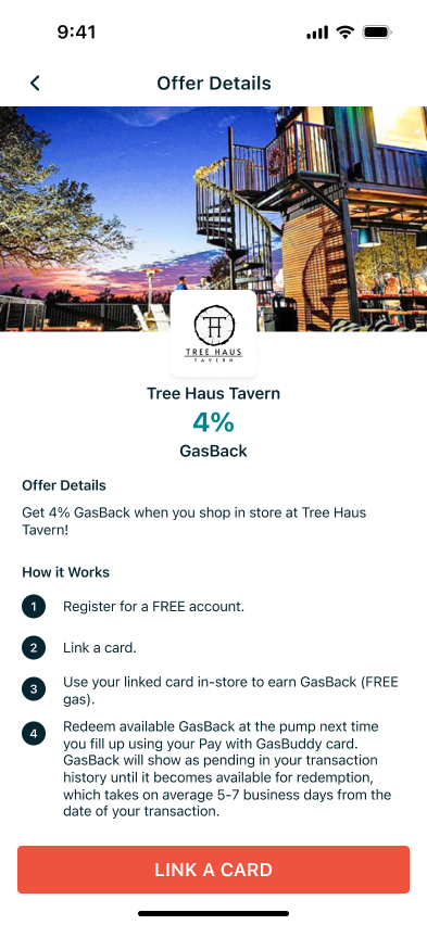 Old GasBuddy offer screen — a flat 4% GasBack, a how-it-works list, and a redeem button
