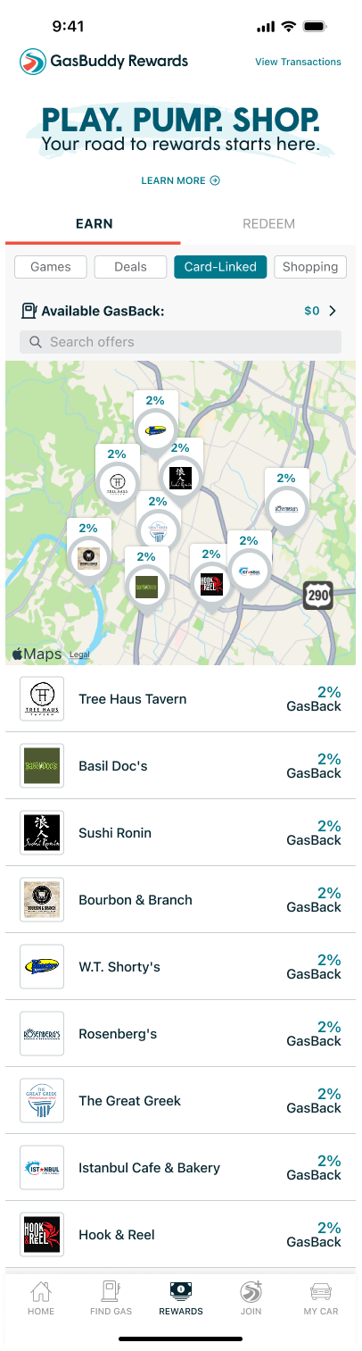 Old GasBuddy dining list — every restaurant shows a flat 2% GasBack