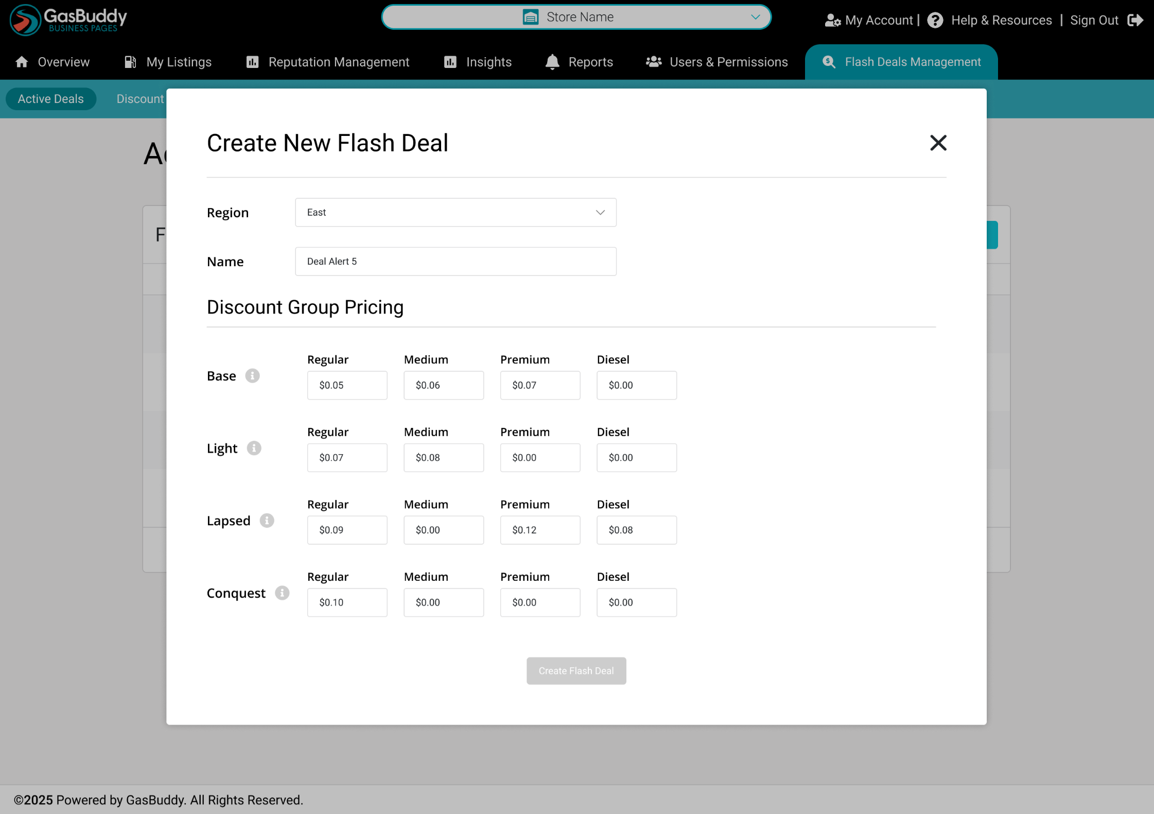 GasBuddy Business Pages Create Flash Deal modal