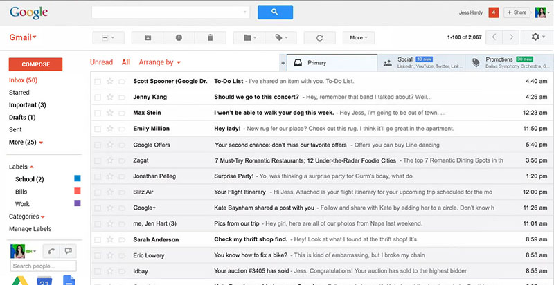 Annotated Gmail inbox redesign showing the four numbered changes