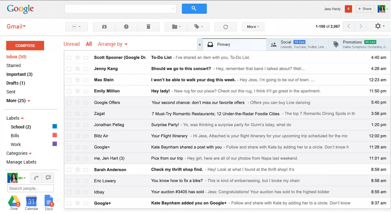 Redesigned Gmail desktop inbox