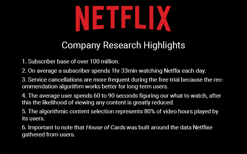Netflix company research highlights on a black card